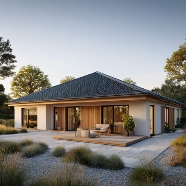 Bungalow mit seitlichem Carport und Zufahrt