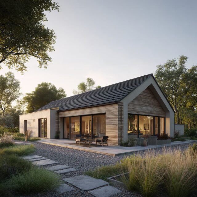 Moderner Bungalow mit klarer Architektur und Rasenfläche