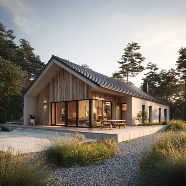 Bungalow mit Terrasse und umlaufender Grünfläche