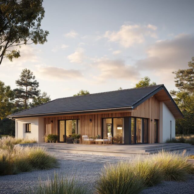 Bungalow mit heller Fassade und großen Fensterflächen