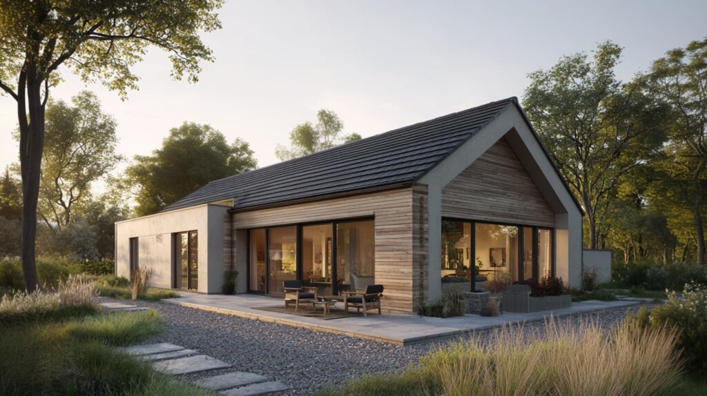 Eingeschossiger Bungalow mit flachem Dach und Gartenbereich