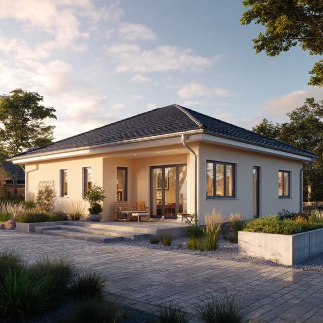 Modern gestalteter Bungalow mit klarer Architektur und Terrasse