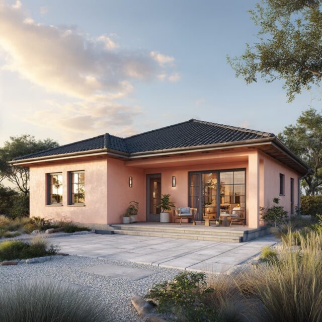 Bungalow mit bodentiefen Fenstern und angrenzender Grünfläche