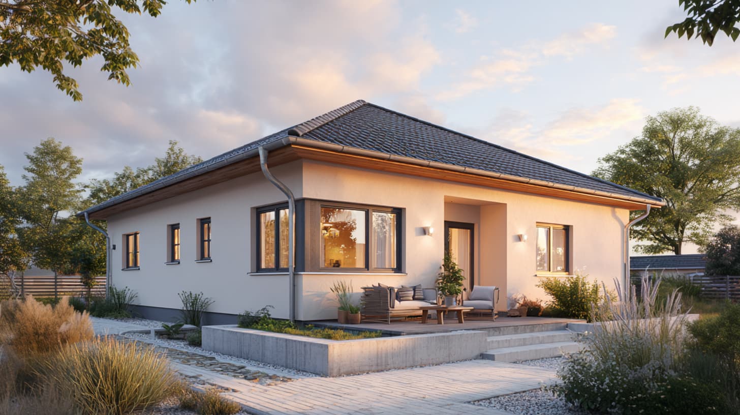 Einschossiger Bungalow mit offenem Wohnbereich und Gartenblick