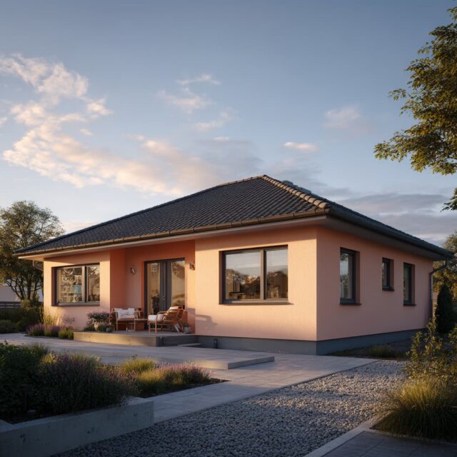 Bungalow mit Terrasse, Blumenkübeln und Zugang zum Garten