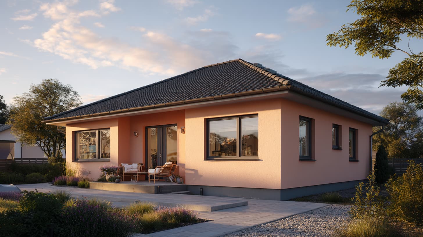 Bungalow mit hellem Fassadenanstrich und großen Fensterfronten