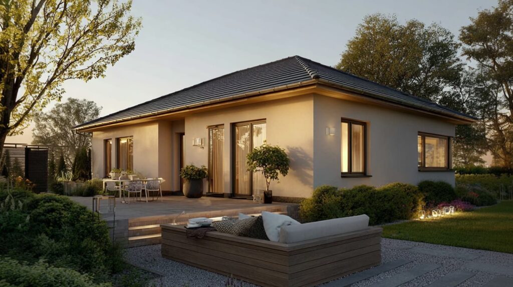 Freistehender Bungalow mit großer Rasenfläche und Einfahrt