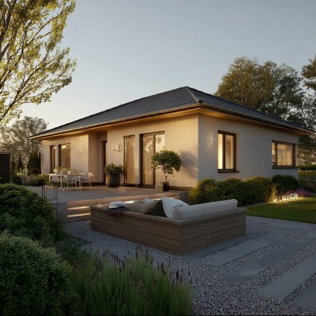 Moderner Bungalow mit Garten und überdachter Terrasse