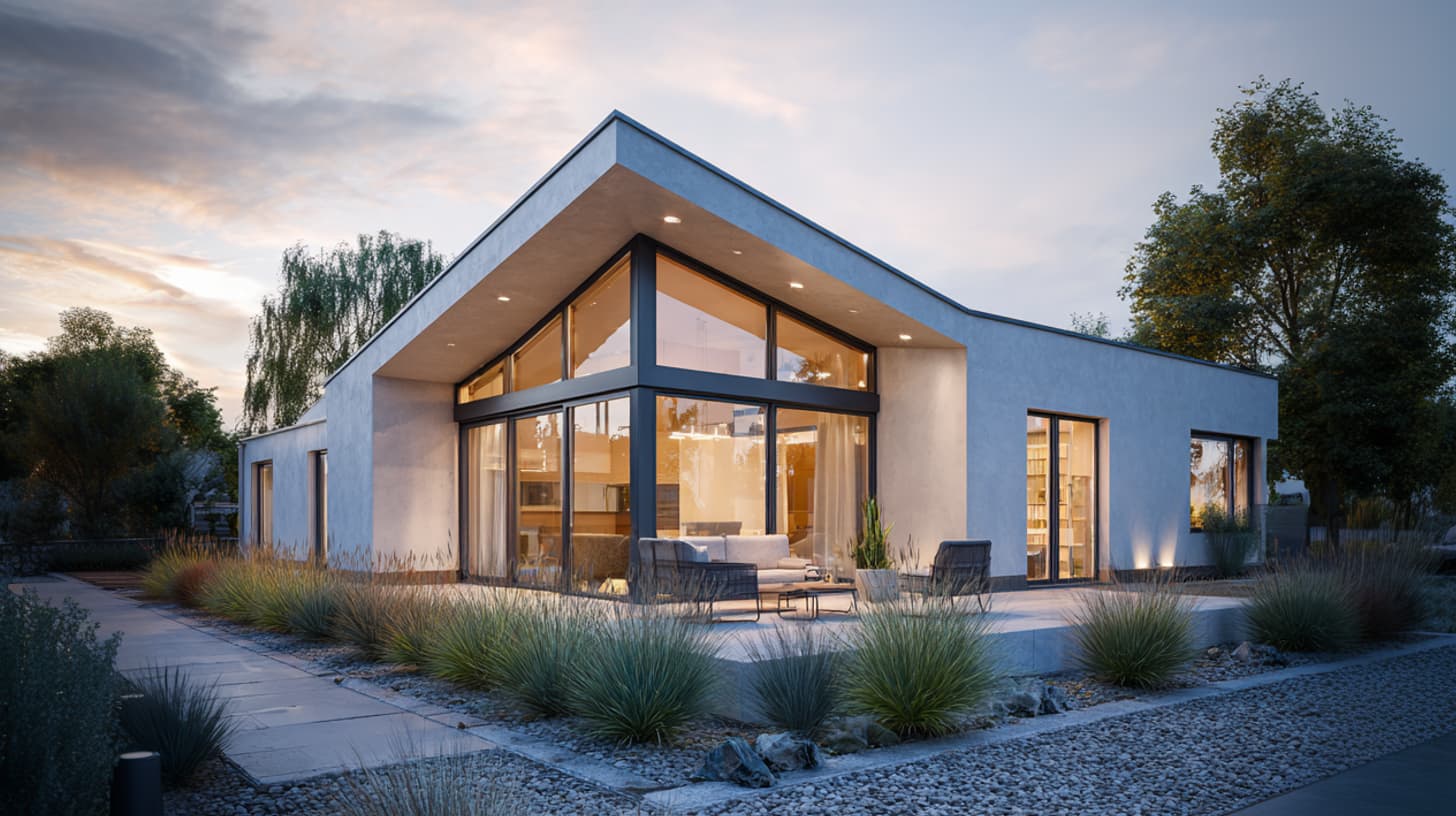 Bungalow mit bodentiefen Fenstern und Rasenfläche