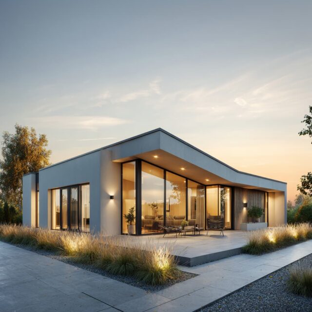 Heller Bungalow mit Terrasse und angrenzender Grünfläche