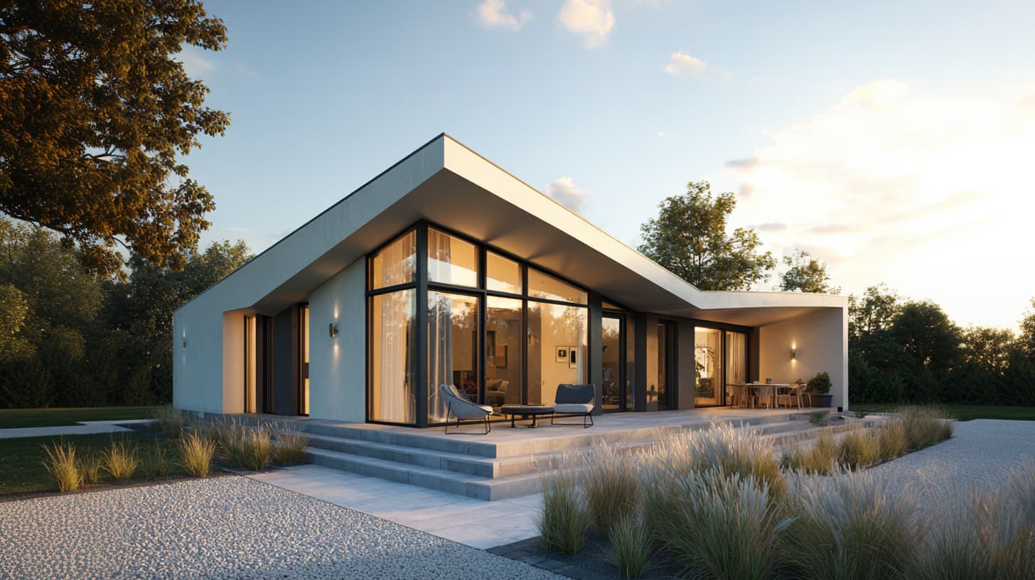 Bungalow mit überdachtem Eingangsbereich und Zufahrt