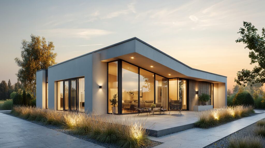 Einschossiger Bungalow mit Rasenfläche und Vorgarten