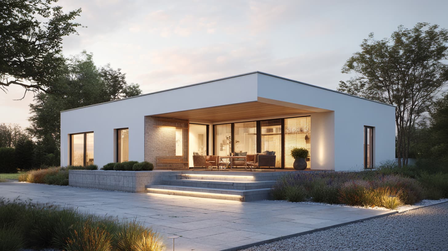 Bungalow mit klarer Architektur, großen Fenstern und Gartenfläche