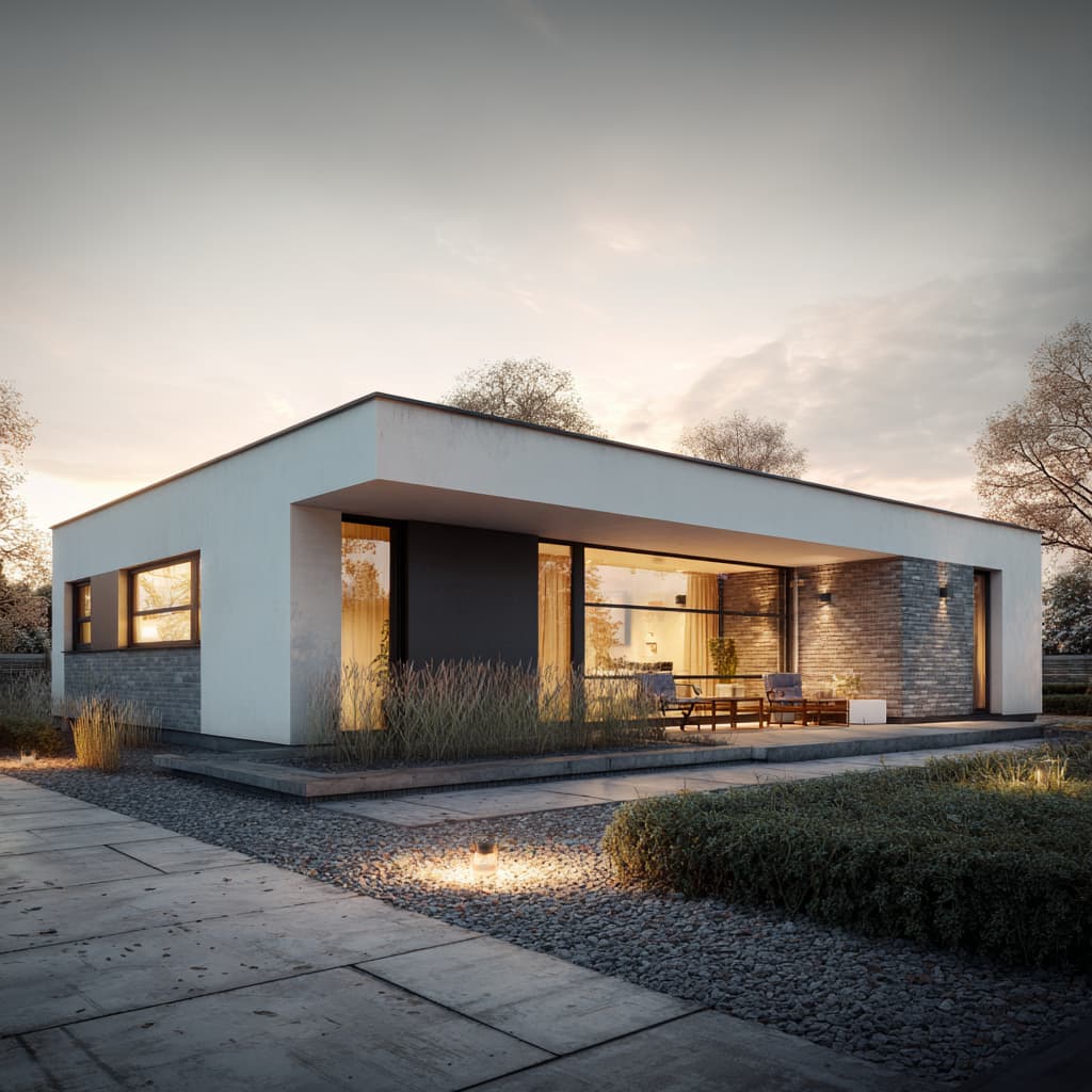 Bungalow mit überdachtem Eingangsbereich und offener Raumgestaltung