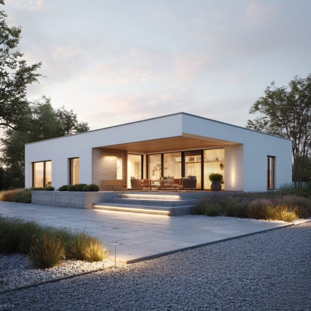 Heller Bungalow mit Terrasse und angrenzender Grünfläche