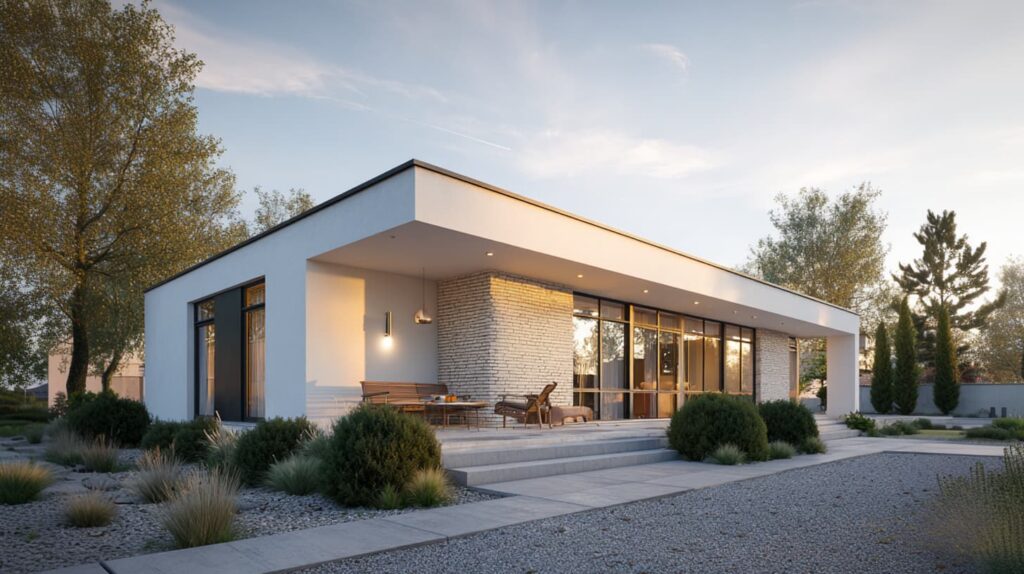 Einschossiger Bungalow mit großen Fensterflächen und Terrasse