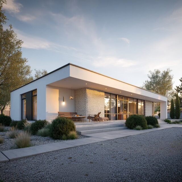 Moderner Bungalow mit Garten und gepflastertem Eingangsweg