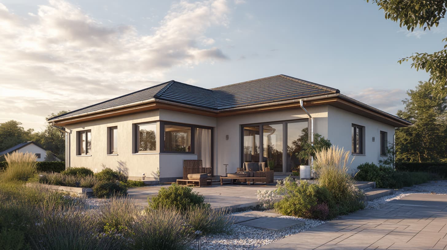 Moderner Bungalow mit Terrasse, Gartenmöbeln und Rasenfläche