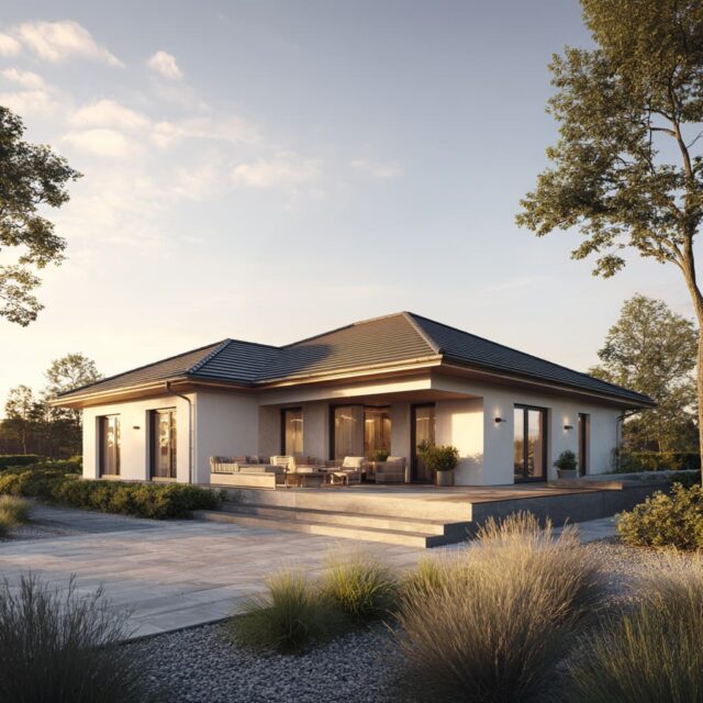 Bungalow mit seitlichem Carport und gepflasterter Einfahrt