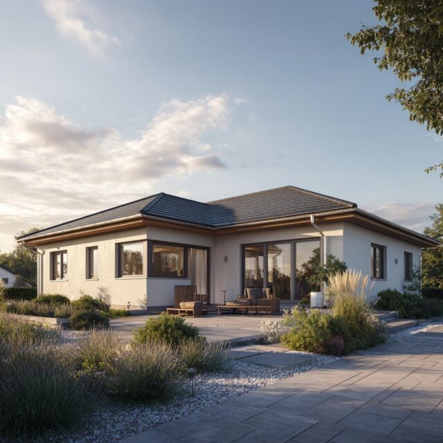 Bungalow mit bodentiefen Fenstern und offener Raumgestaltung