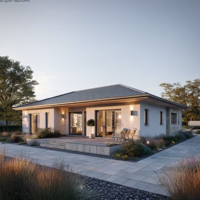 Heller Bungalow mit klarer Architektur und Gartenblick