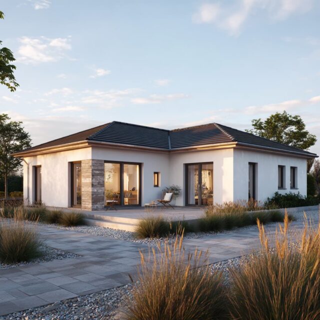 Bungalow mit überdachter Terrasse und angrenzender Grünfläche