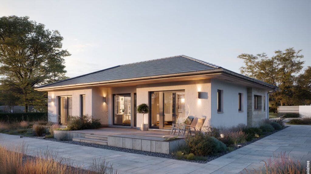 Moderner Bungalow mit großen Fensterfronten und Rasenfläche