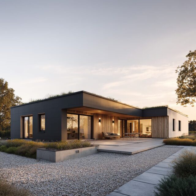 Moderner Bungalow mit Terrasse und Gartenblick