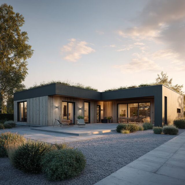 Bungalow mit bodentiefen Fenstern und offener Raumstruktur