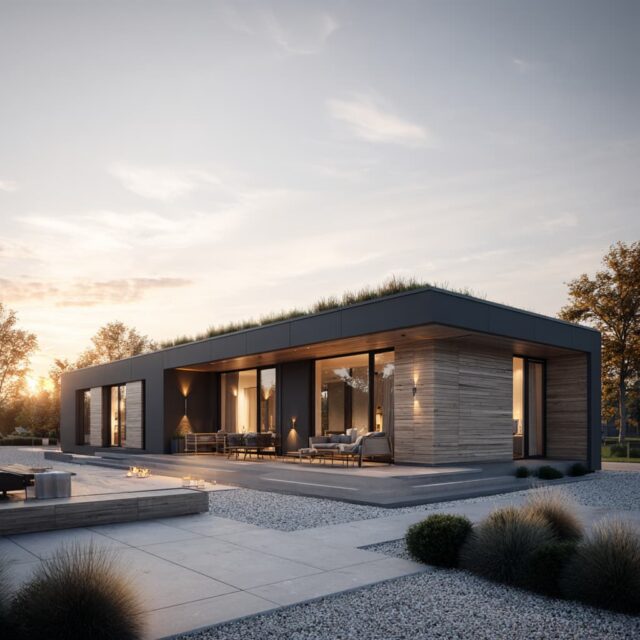 Moderner Bungalow mit großer Fensterfront und Rasen