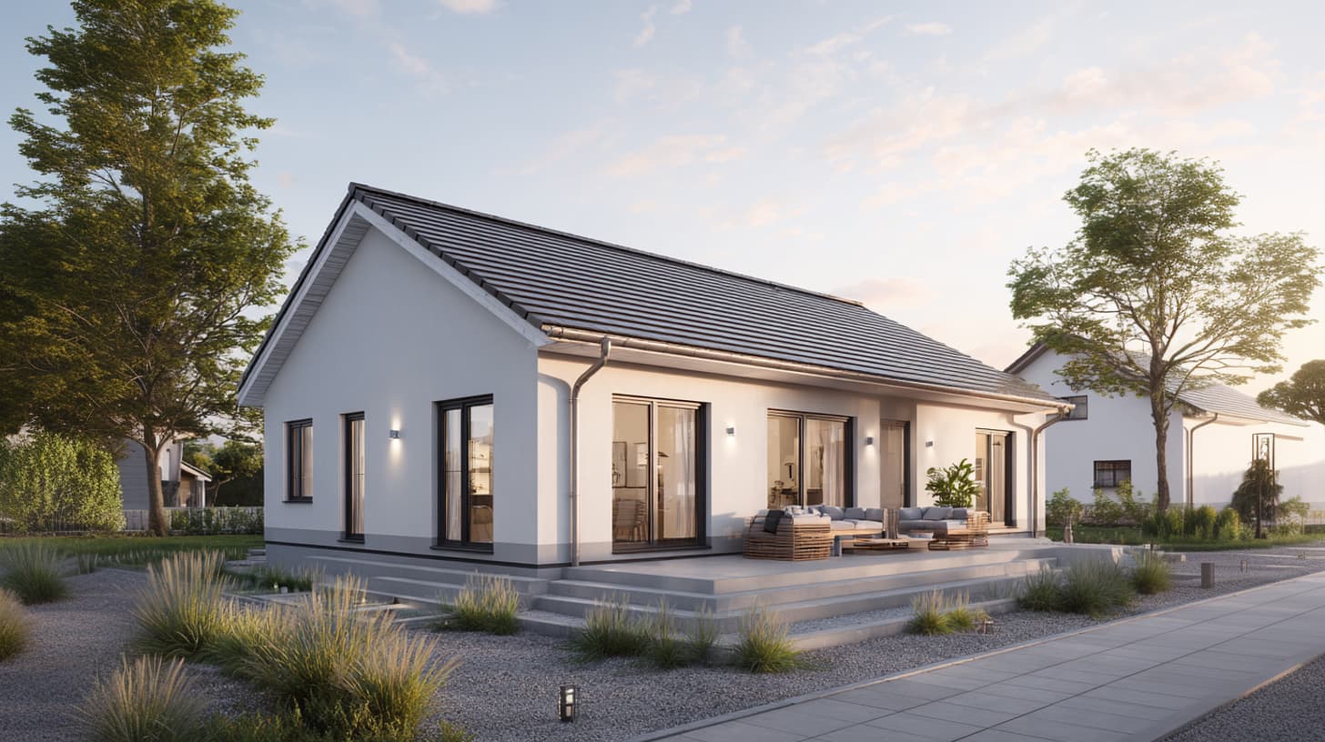 Freistehender Bungalow mit heller Fassadengestaltung und Grünfläche