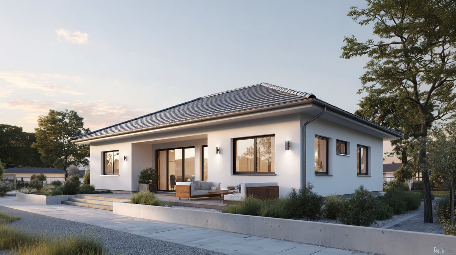 Bungalow mit Terrasse, Garten und großen Fensterflächen