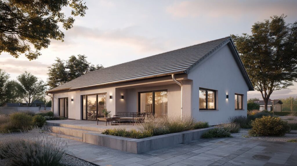 Einschossiger Bungalow mit überdachtem Terrassenbereich