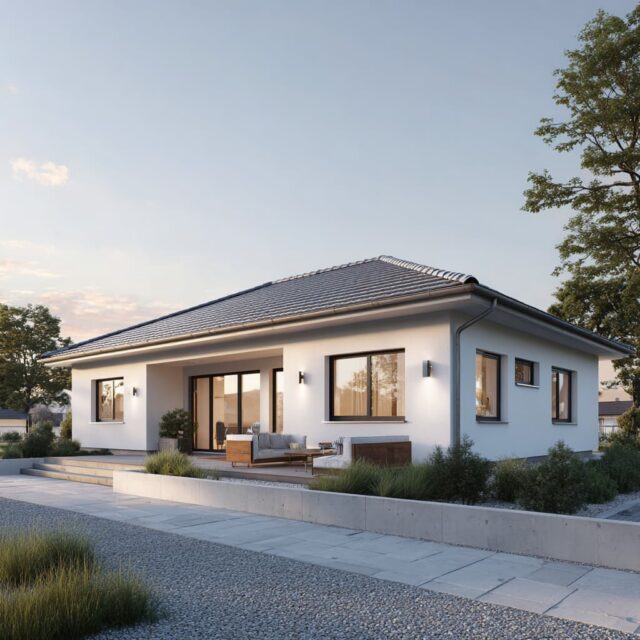 Freistehender Bungalow mit heller Fassade und großen Fenstern