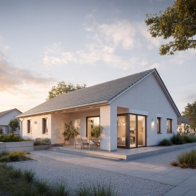 Moderner Bungalow mit Satteldach, Terrasse und Garten