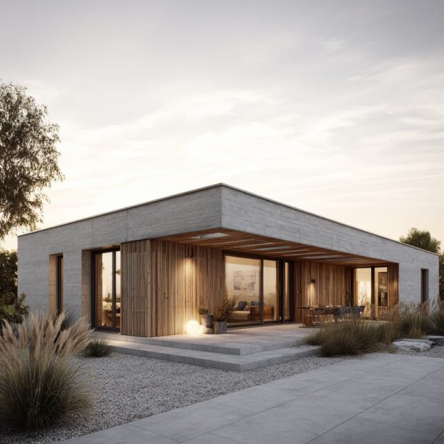 Modernes Einfamilienhaus mit reduzierter Formensprache und großen Fensterflächen.