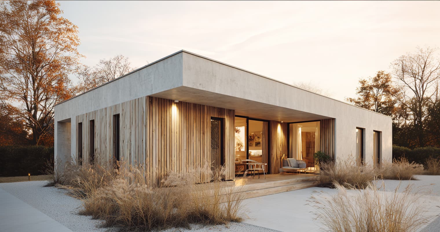 Kubisches Wohnhaus aus Beton mit indirekter Beleuchtung und klarer Linienführung.