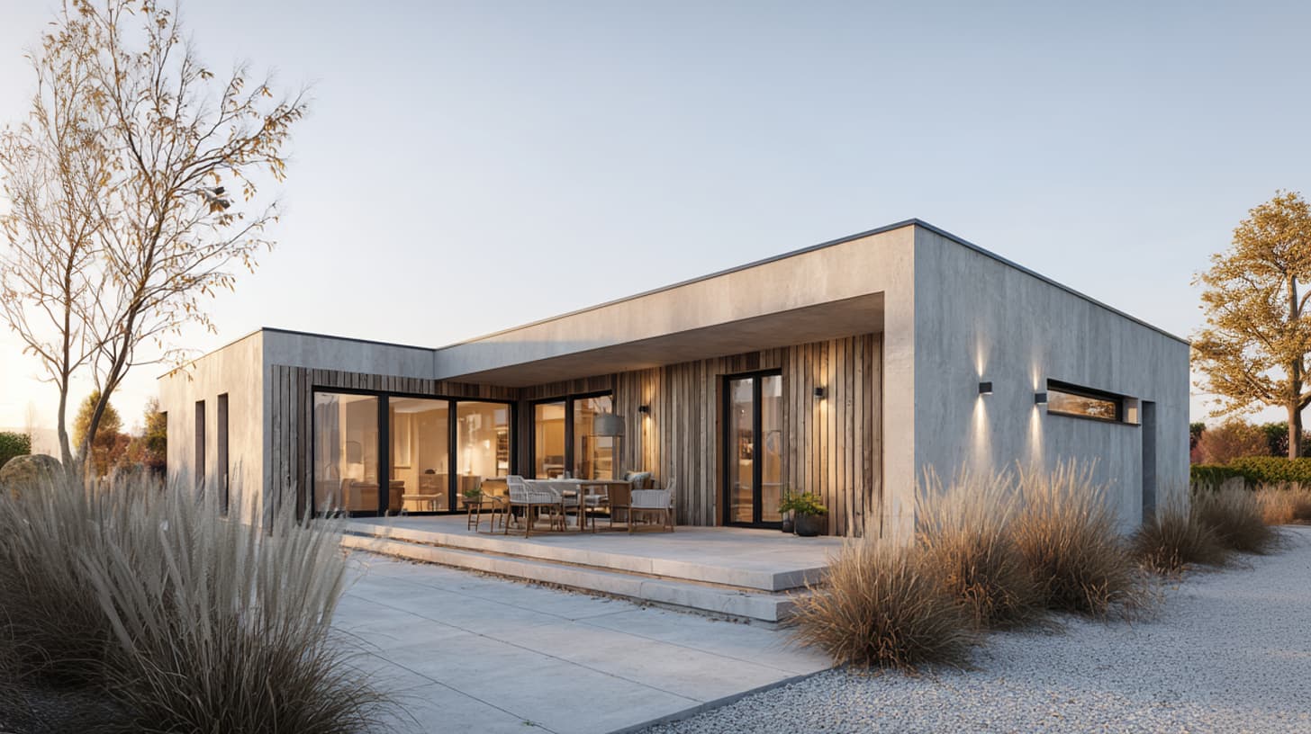 Moderne Architektur eines Einfamilienhauses mit offener Raumwirkung durch Glasfronten.