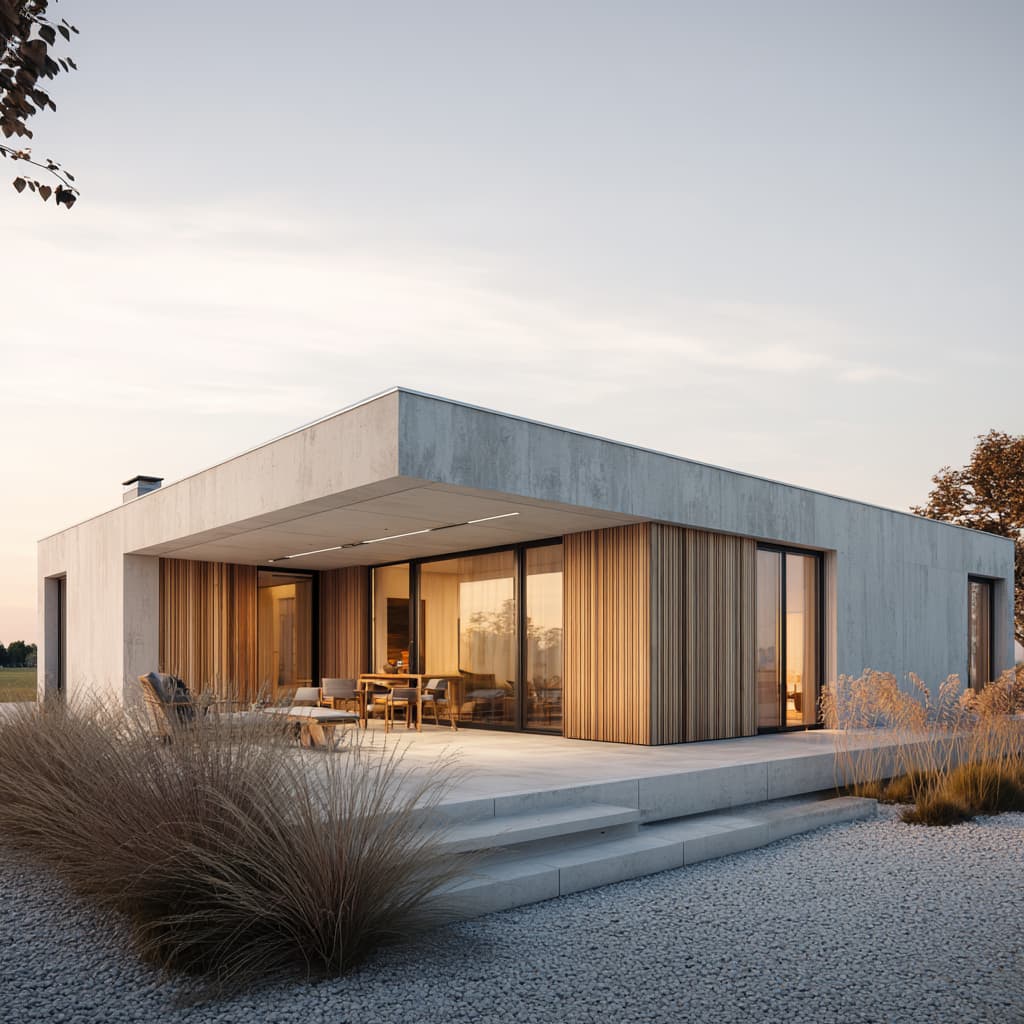 Minimalistisches Wohnhaus mit Flachdach, großen Glasflächen und naturnaher Gestaltung.