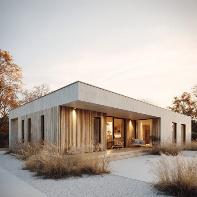 Eingeschossiges Wohnhaus mit Sichtbetonfassade und Holzdetails im Außenbereich.