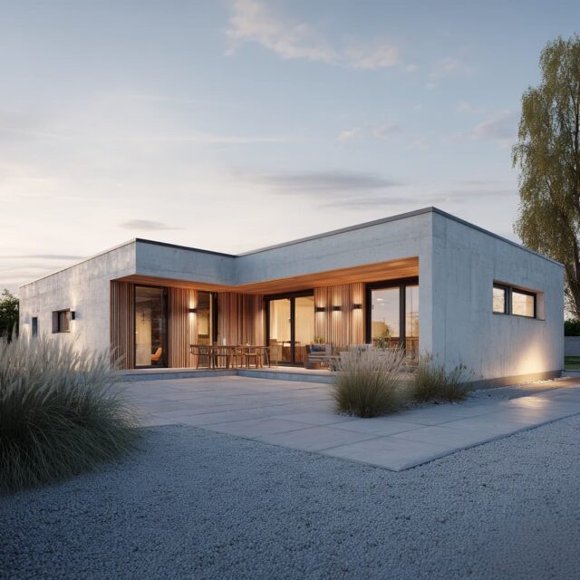 Modernes Betonhaus mit warm beleuchtetem Innenraum und klaren, kubischen Formen.