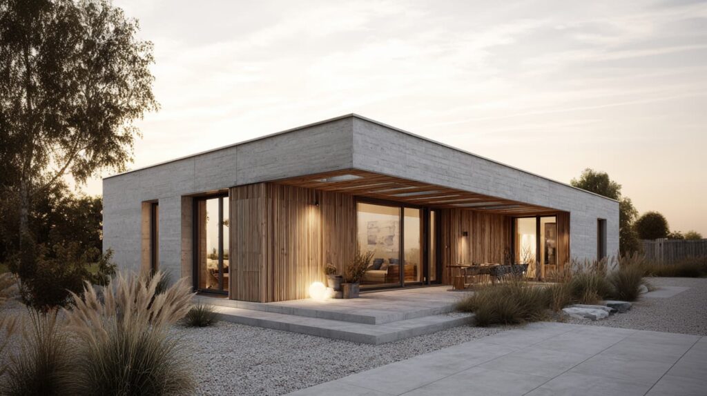 Zeitgenössisches Einfamilienhaus mit Flachdach und bodentiefen Fenstern in minimalistischer Architektur.