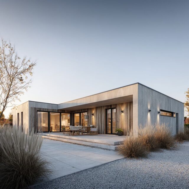 Modernes, eingeschossiges Wohnhaus aus Beton mit großer Fensterfront bei Dämmerung.