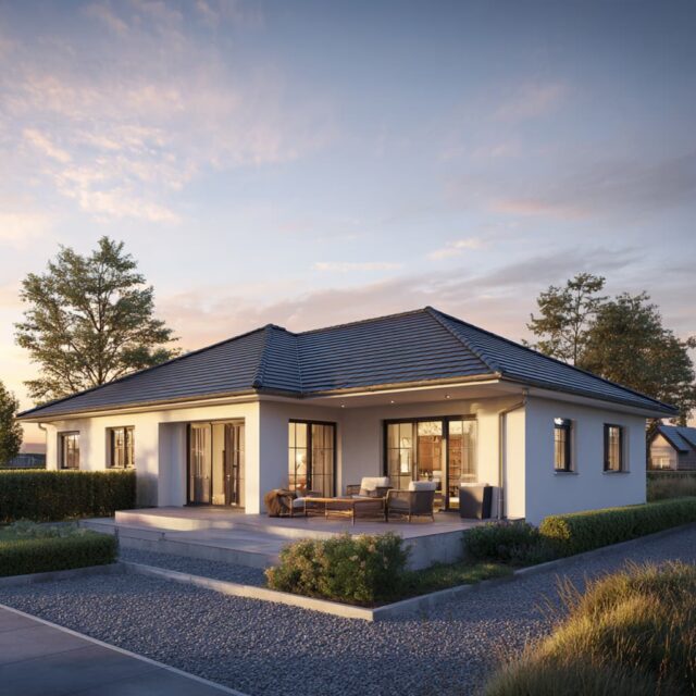 Zeitgemäßes Einfamilienhaus mit klaren Linien, großzügigen Glasflächen und naturnaher Umgebung.