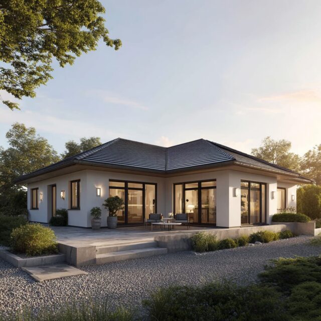 Wohnhaus mit heller Putzfassade, dunklem Dach und integrierter Außenbeleuchtung.