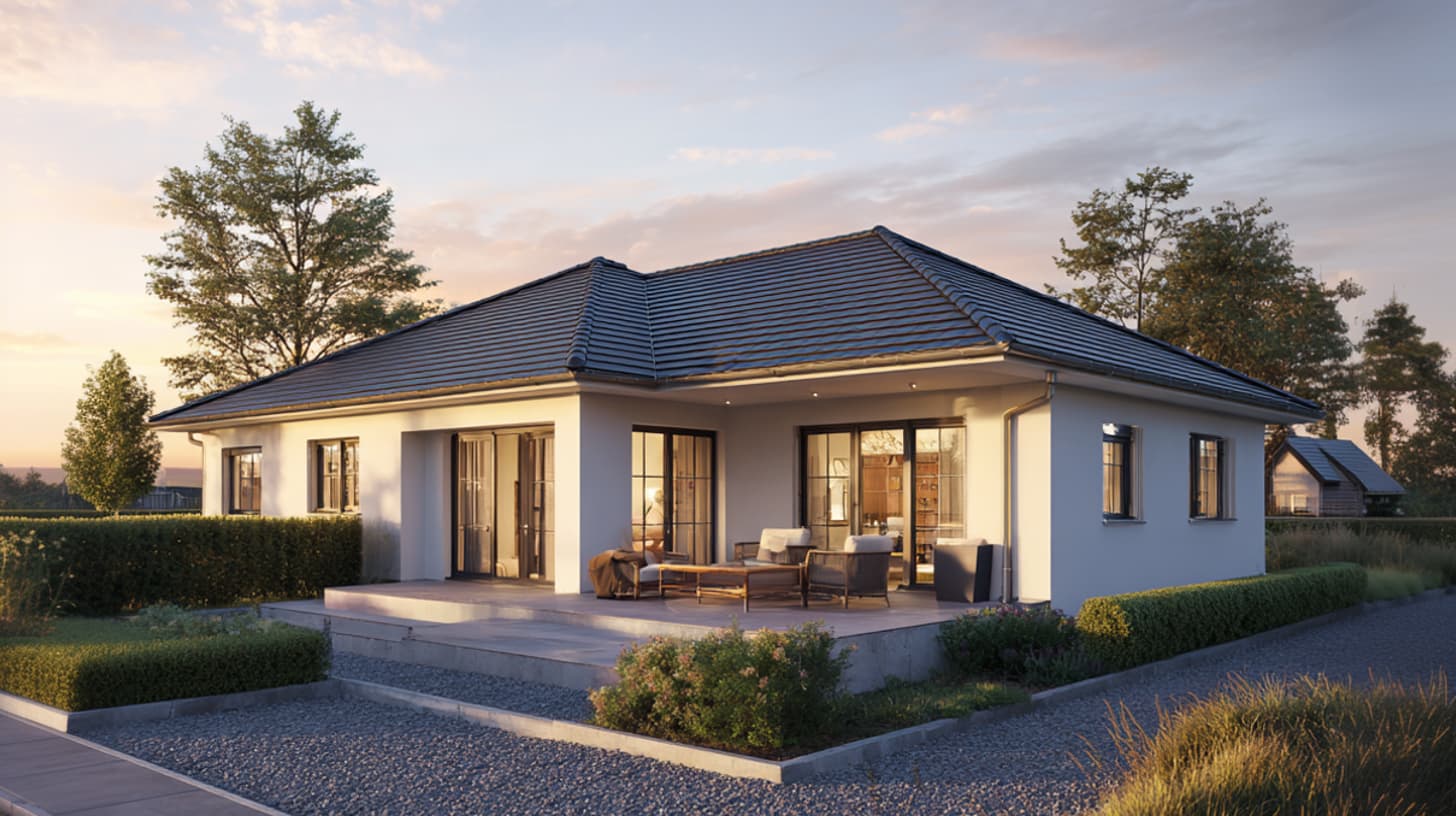 Modernes Einfamilienhaus mit Walmdach und offenem Wohnbereich mit Blick in den Garten.