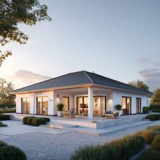 Eingeschossiges Wohnhaus mit symmetrischer Fassadengestaltung und großen Fensterfronten.