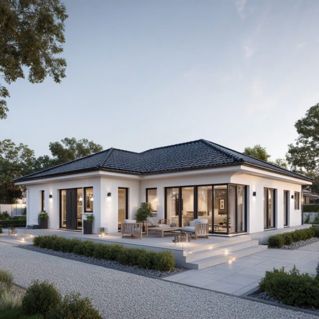 Modernes Haus mit Walmdach, umlaufender Terrasse und klarer, eleganter Architektur.