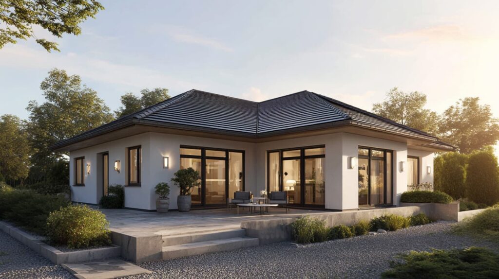 Zeitgenössisches Wohnhaus mit dunklem Walmdach und bodentiefen Fenstern.