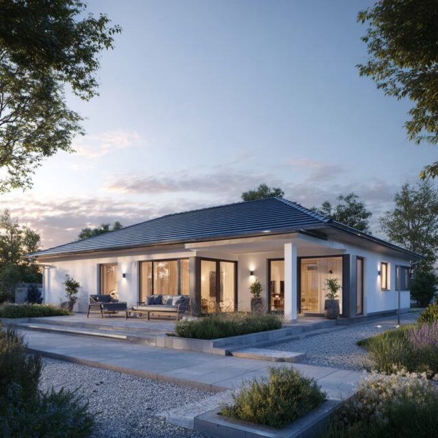 Modernes Einfamilienhaus mit klarer Linienführung und offener Verbindung zum Garten.